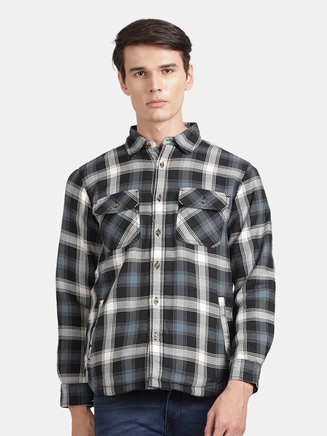 

t-base Tartan Checks Cotton Casual Shirt, Black
