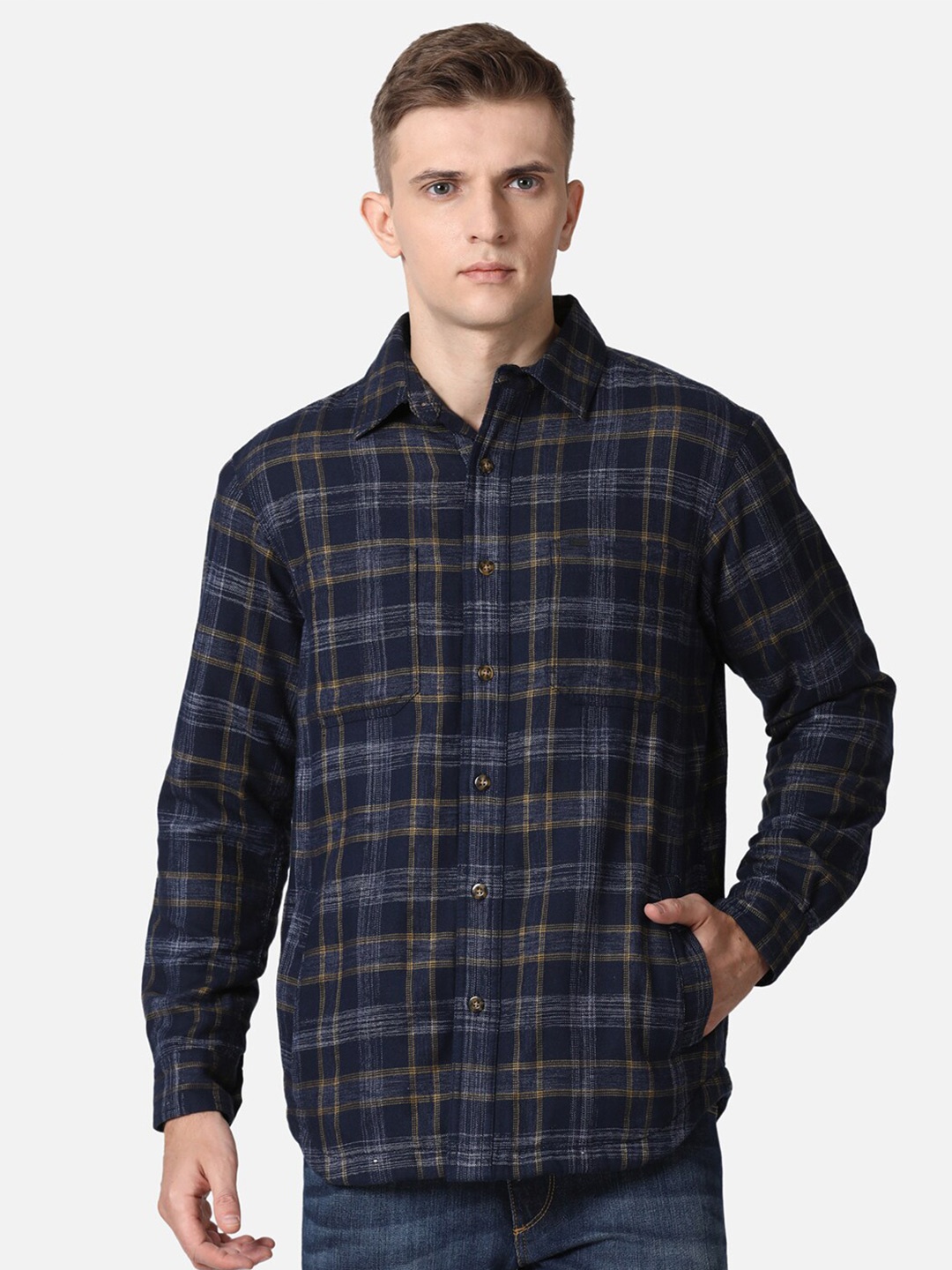 

t-base Checked Cotton Casual Shirt, Navy blue