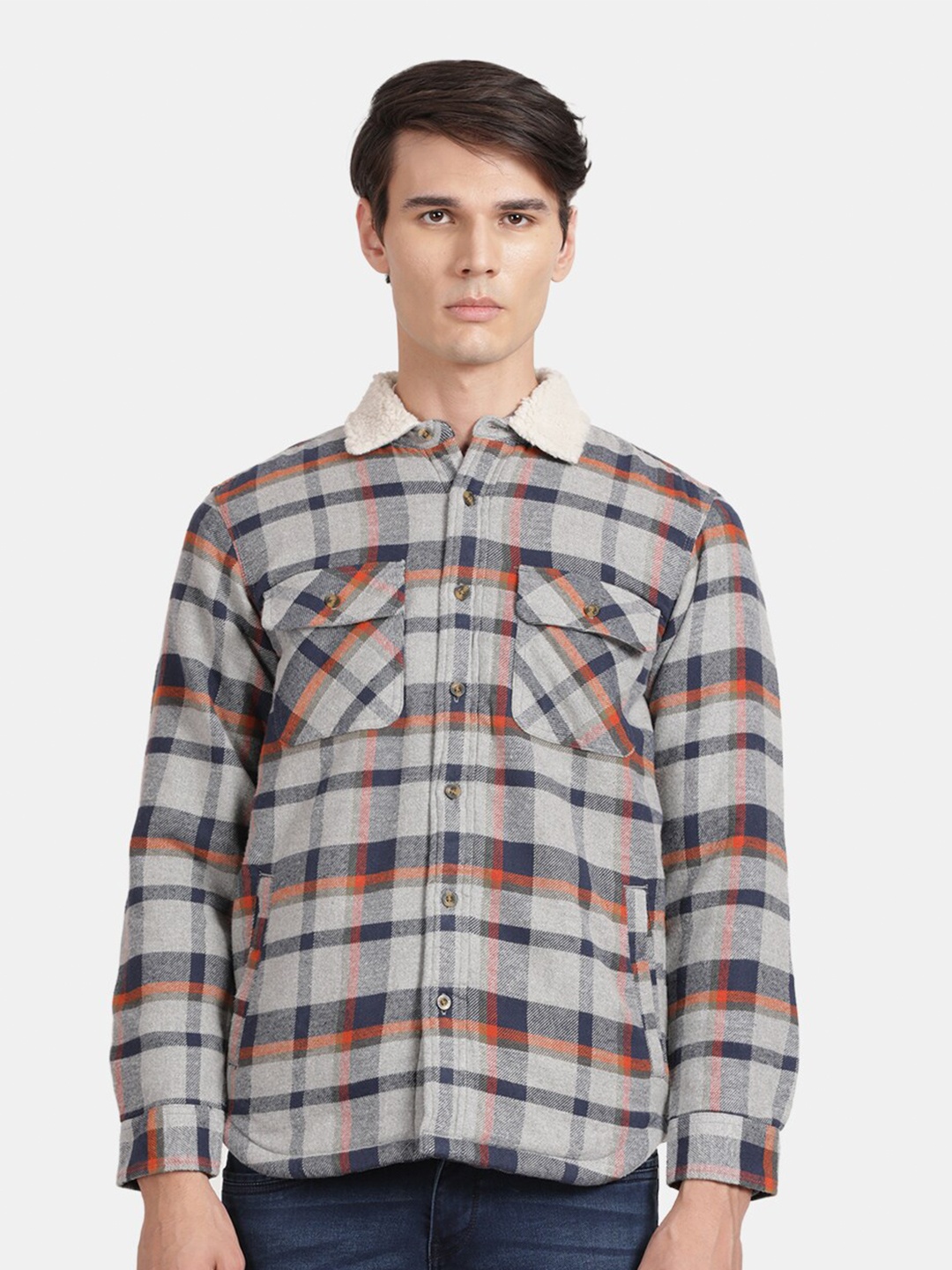 

t-base Checked Cotton Casual Shirt, Grey melange