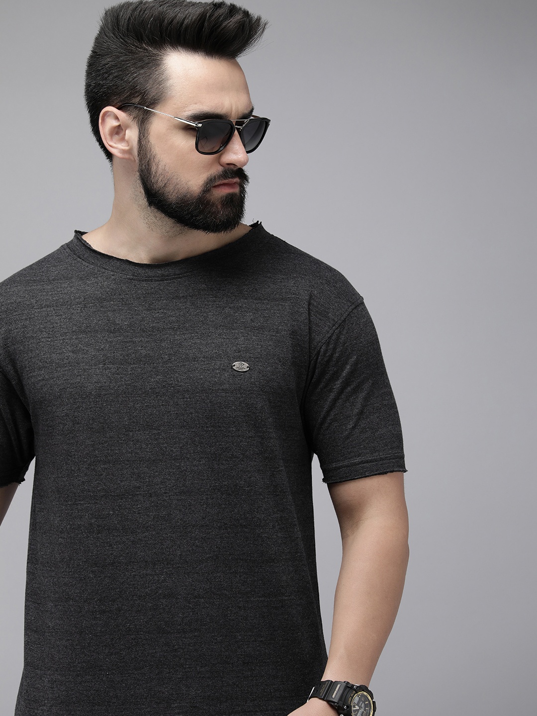 

Roadster Men Striped T-shirt, Charcoal