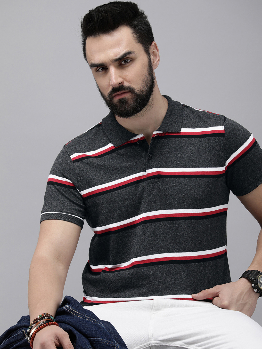 

Roadster Men Striped Polo Collar T-shirt, Charcoal