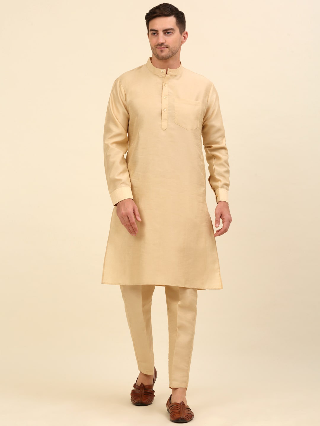

Anouk Beige & Gold Toned Sequinned Regular Kurta with Pyjamas & Nehru Jacket
