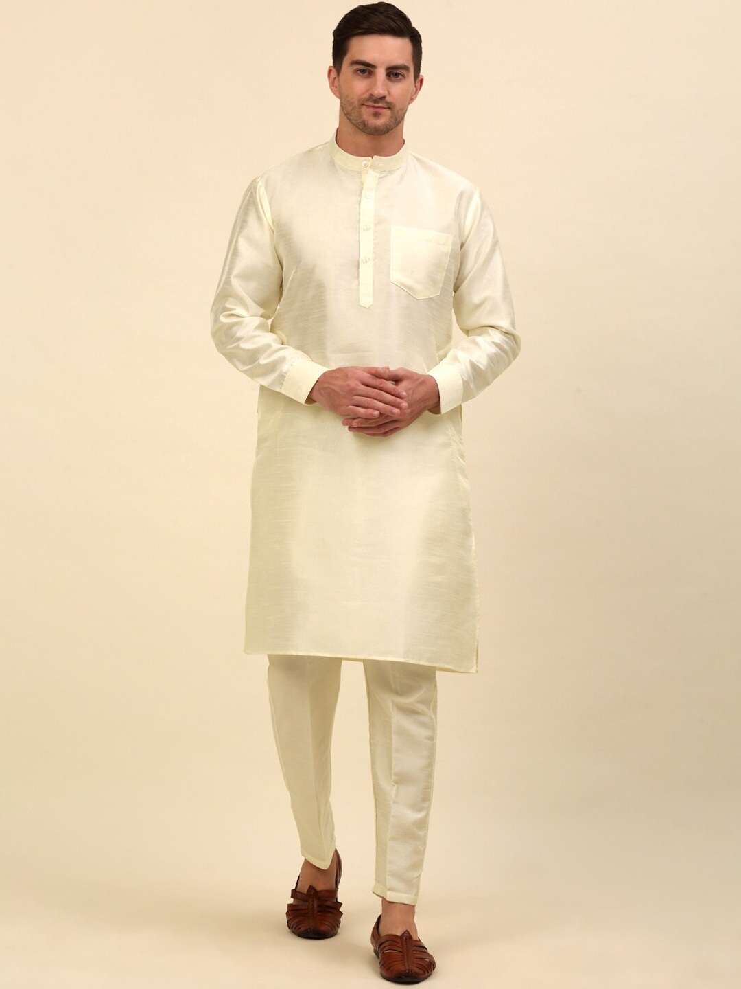 

Anouk Men Beige & Yellow Embroidered Regular Kurta with Pyjamas & Nehru Jacket