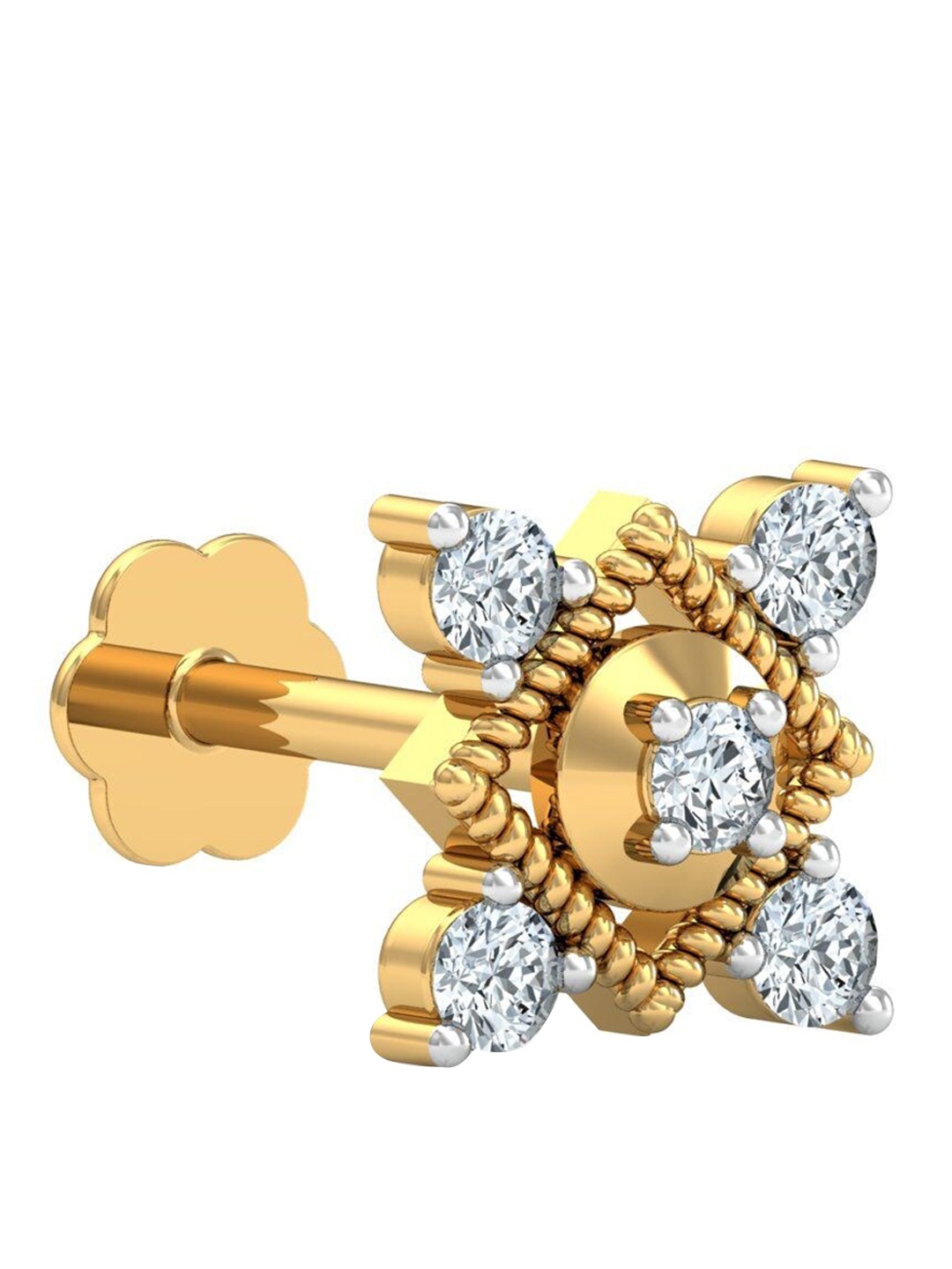 

KUBERBOX Garnished Square 18KT Gold Diamond Studded Nose Stud-0.53gm