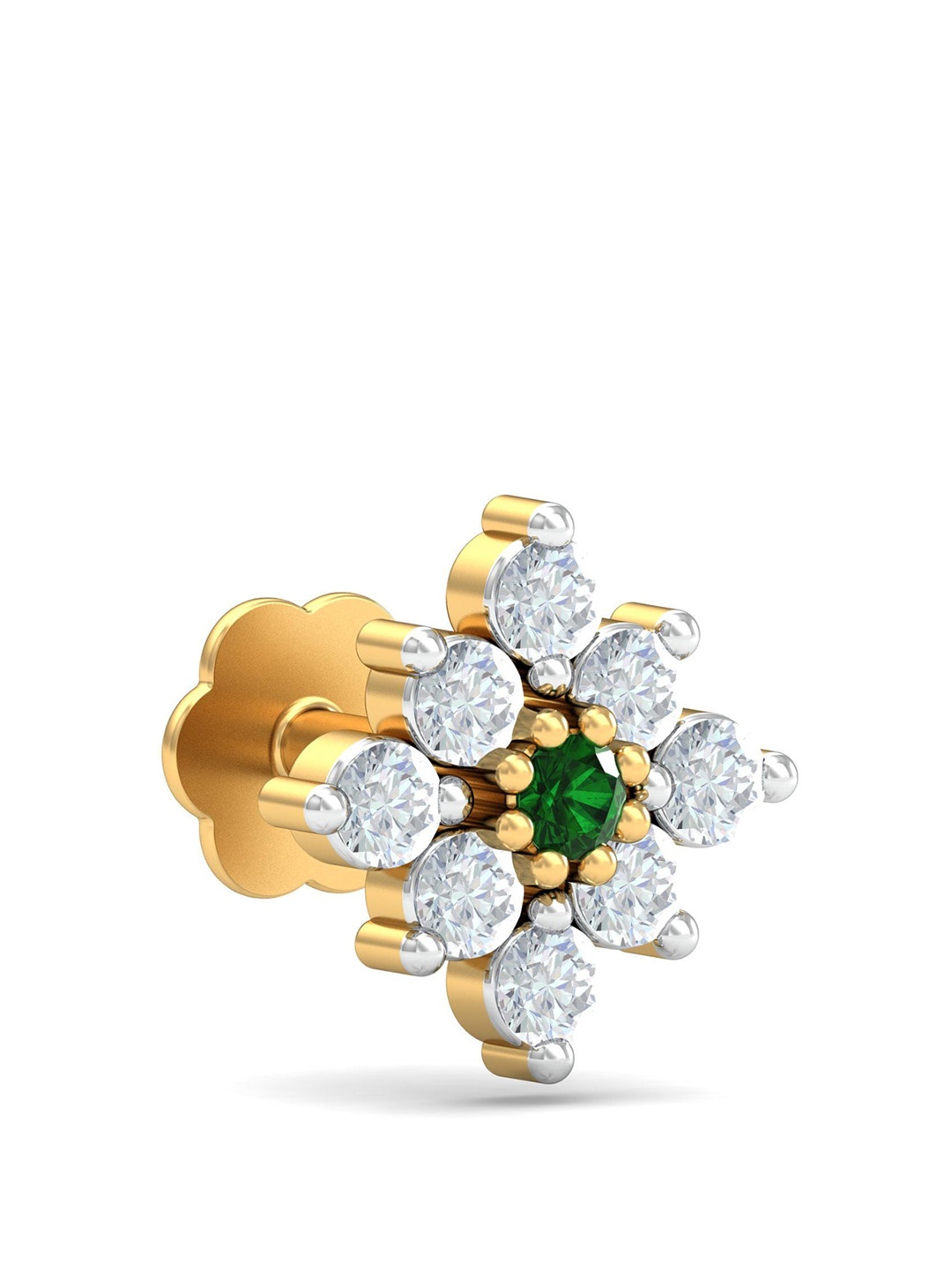 

KUBERBOX Shagun 18KT Gold Diamond Emerald Studded Nose Stud-0.48gm