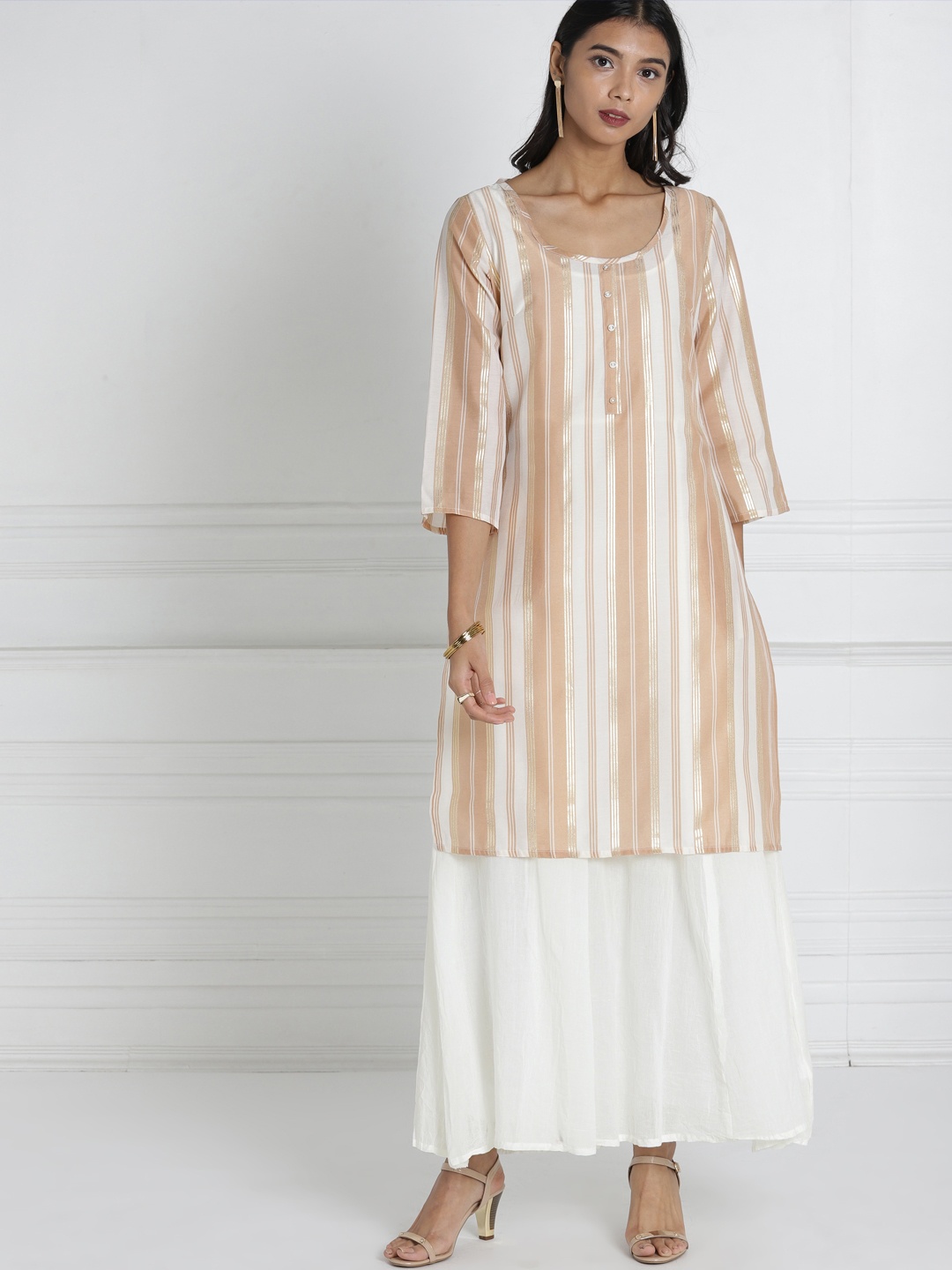 

all about you Beige Off-White Foil Striped Straight Layered Kurta