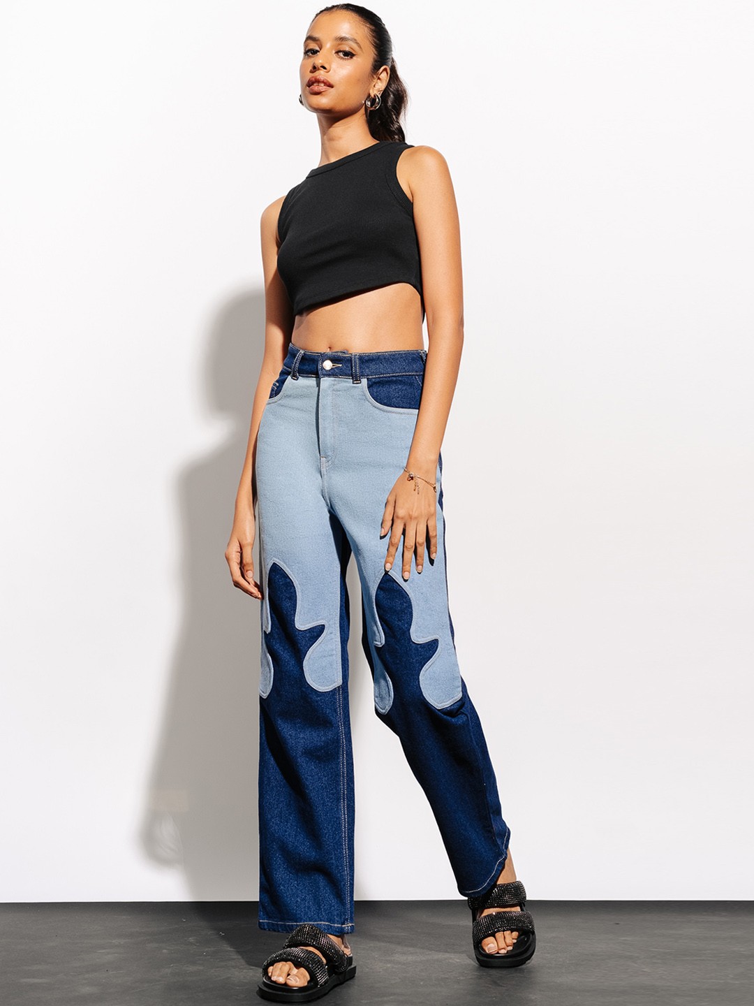

FREAKINS Women Blue Straight Fit High-Rise Clean Look Patch Work Jeans