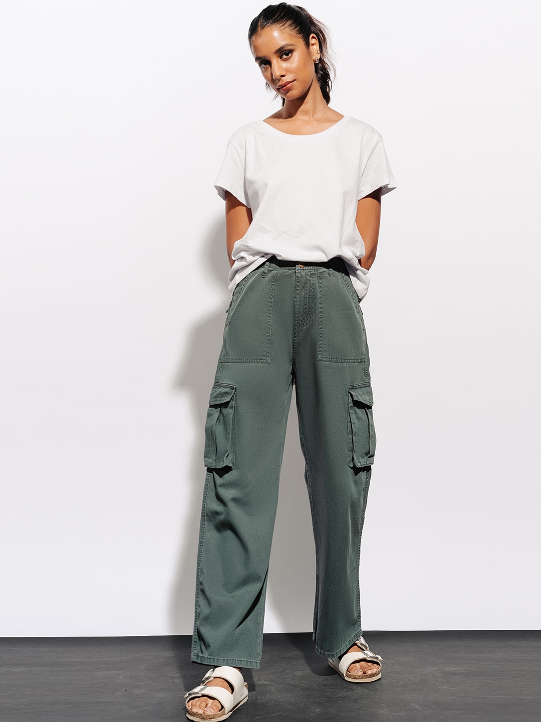

FREAKINS Women Green Straight Fit High-Rise Mildly Distressed Jeans