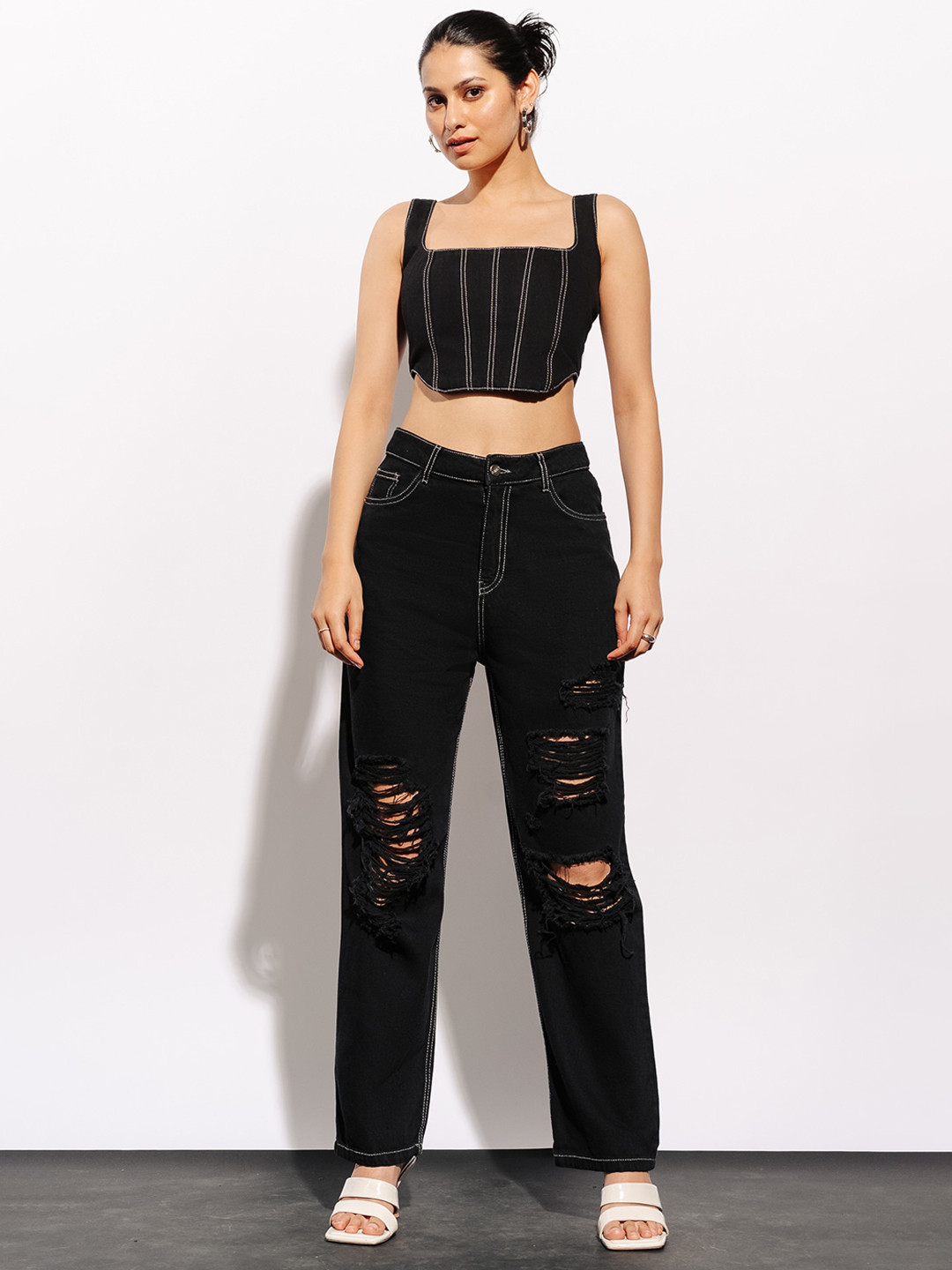

FREAKINS Women Black Straight Fit High-Rise Highly Distressed Jeans