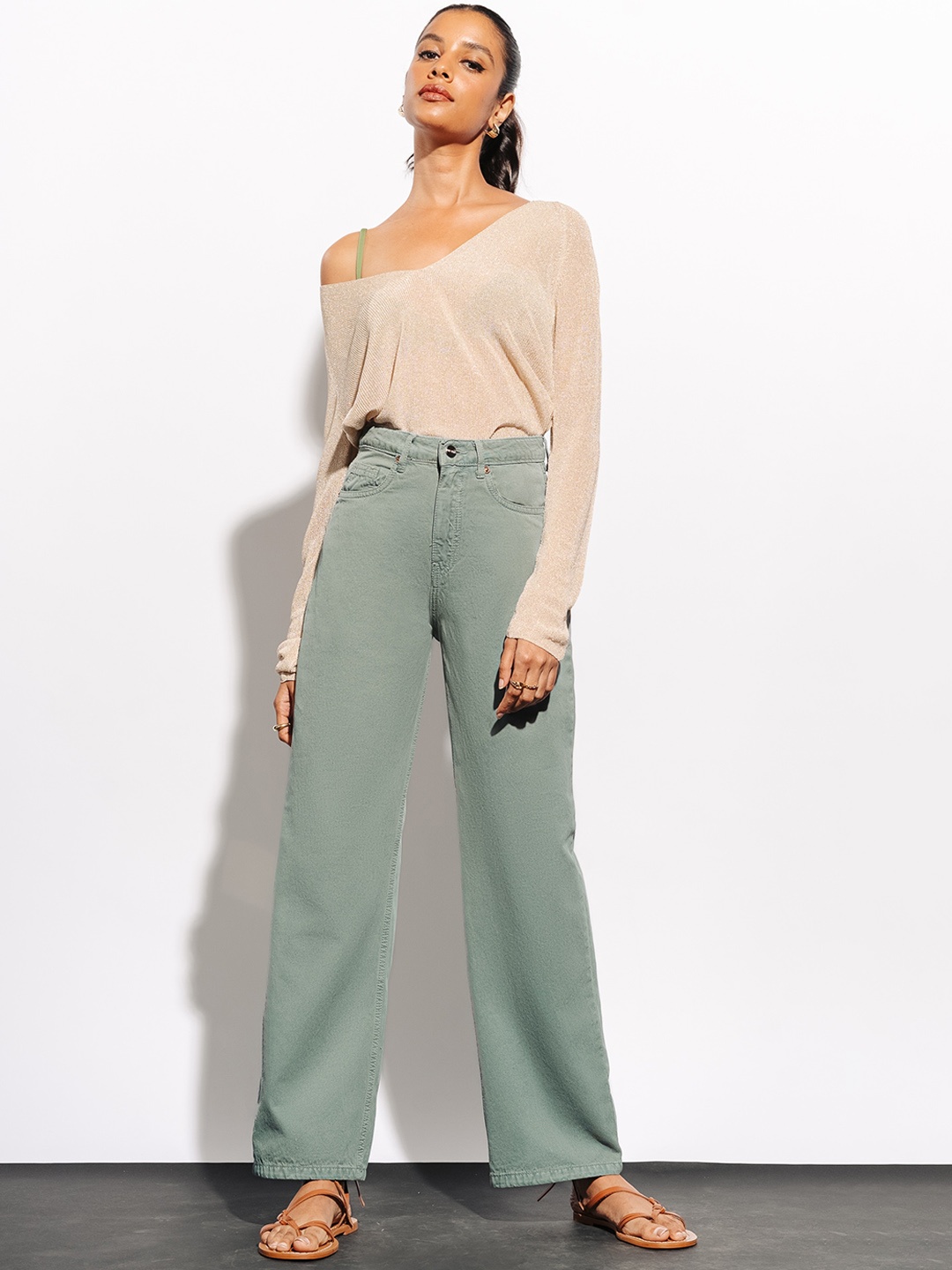 

FREAKINS Women Green Straight Fit High-Rise Clean Look Jeans