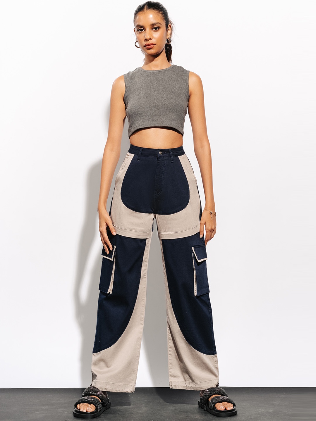 

FREAKINS Women Blue Straight Fit High-Rise Clean Look Colourblocked Cargo Jeans