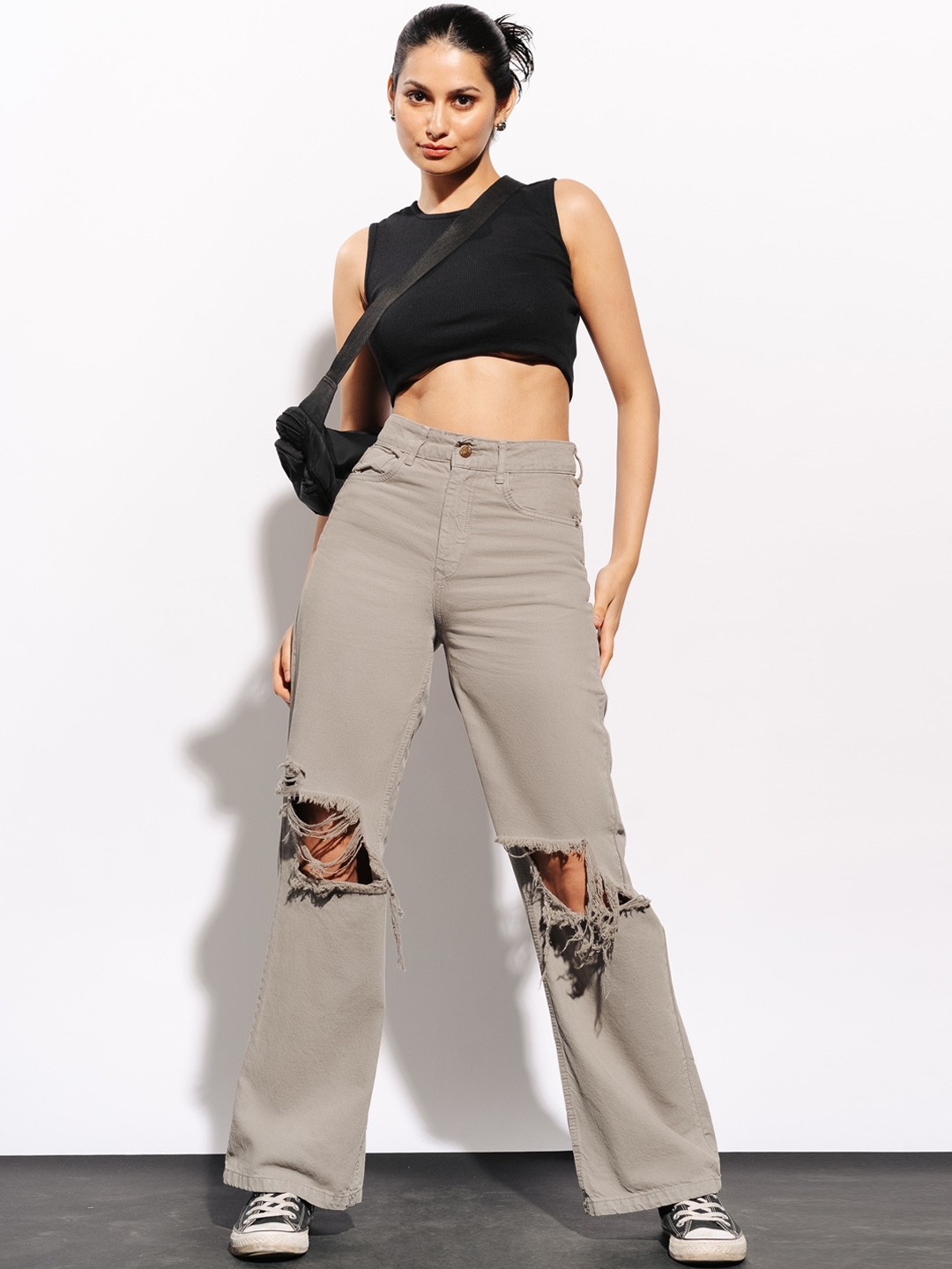 

FREAKINS Women Grey Straight Fit High-Rise Mildly Distressed Pure Cotton Jeans