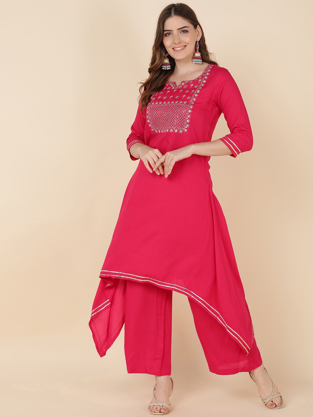 

JAIPUR PRIME Embrioderd Yoke Design A-line Kurta with Trousers, Pink