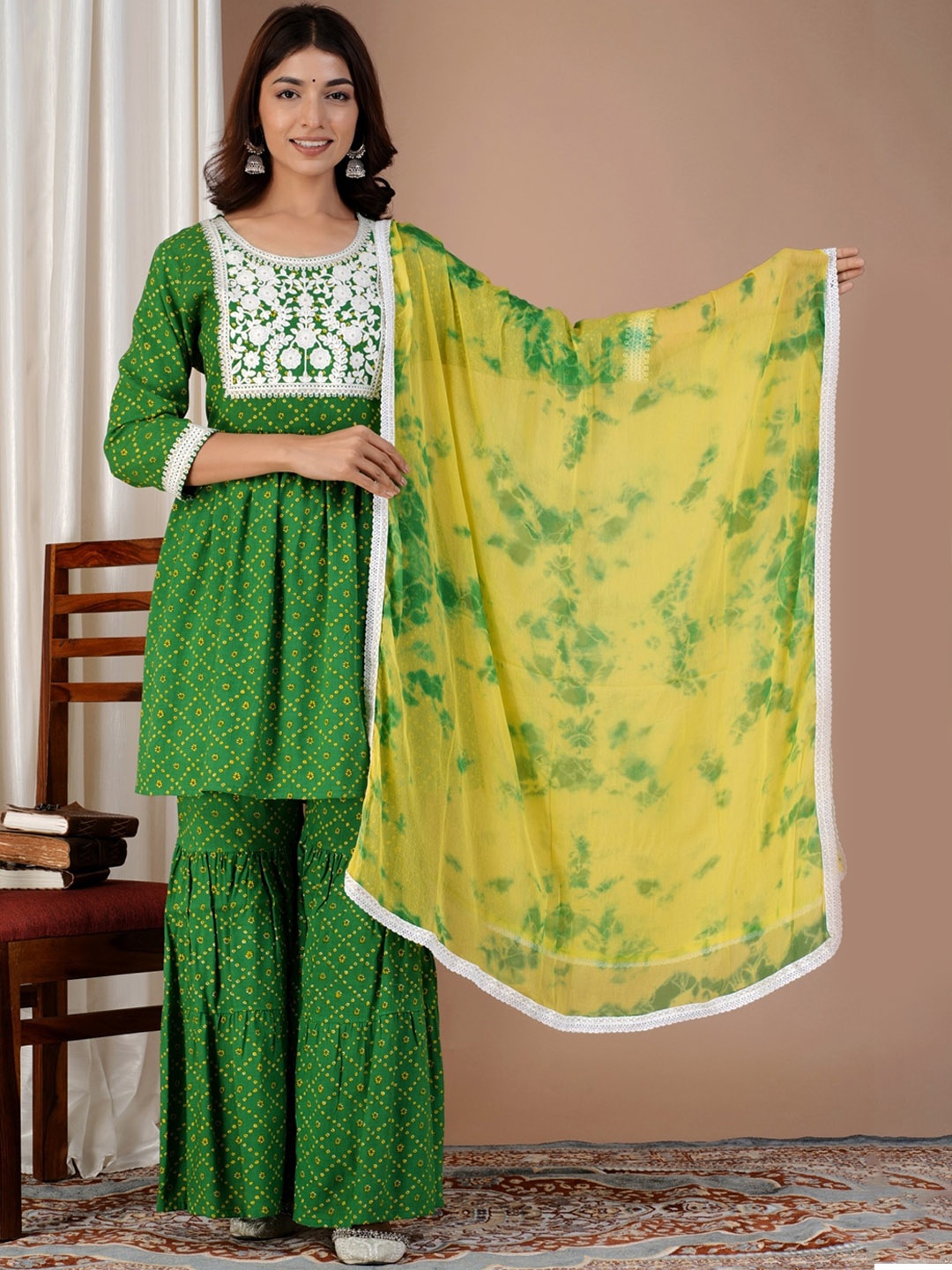 

JAIPUR PRIME Bandhani Printed Kurta & Sharara With Dupatta, Green