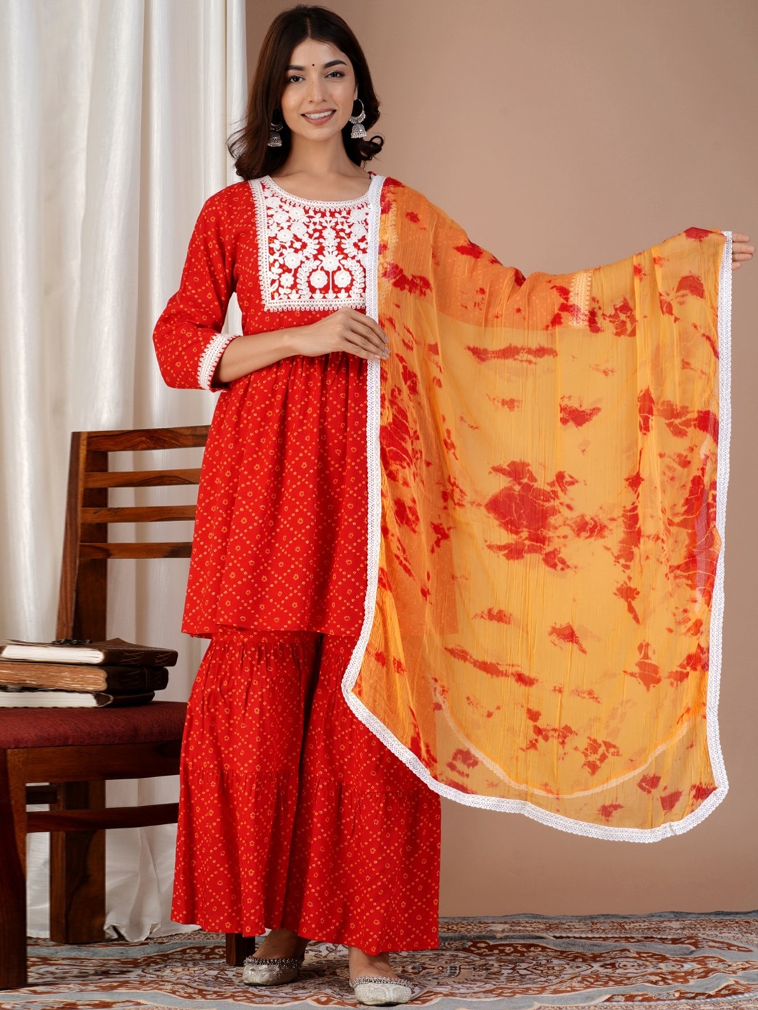 

JAIPUR PRIME Bandhani Printed Thread Work Kurta with Sharara & With Dupatta, Red