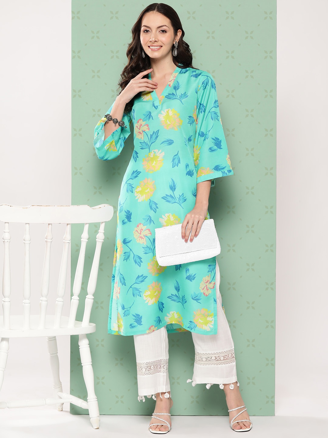 

Varanga Women Floral Printed Flared Sleeves Cotton Kurta, Turquoise blue