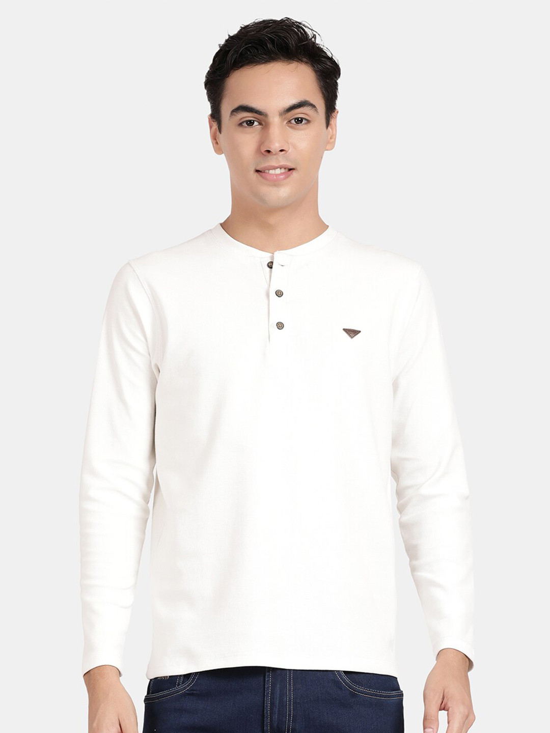 

t-base Henley Neck Long Sleeves Cotton T-shirt, Off white