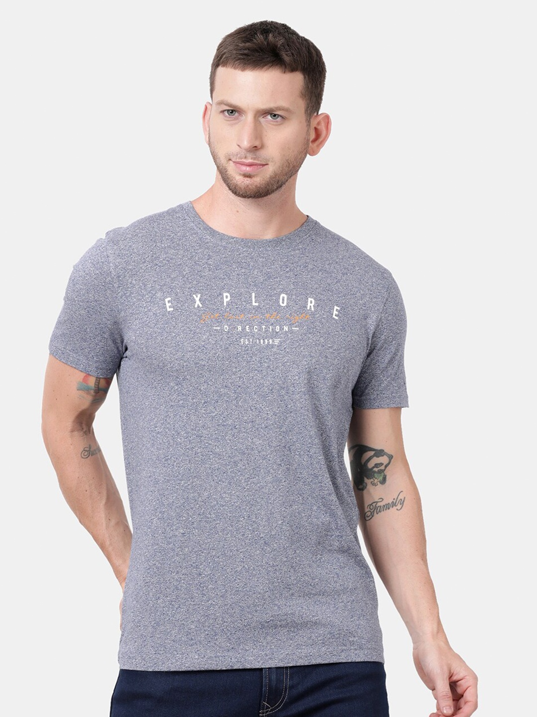 

t-base Typography Printed Cotton T-Shirt, Grey