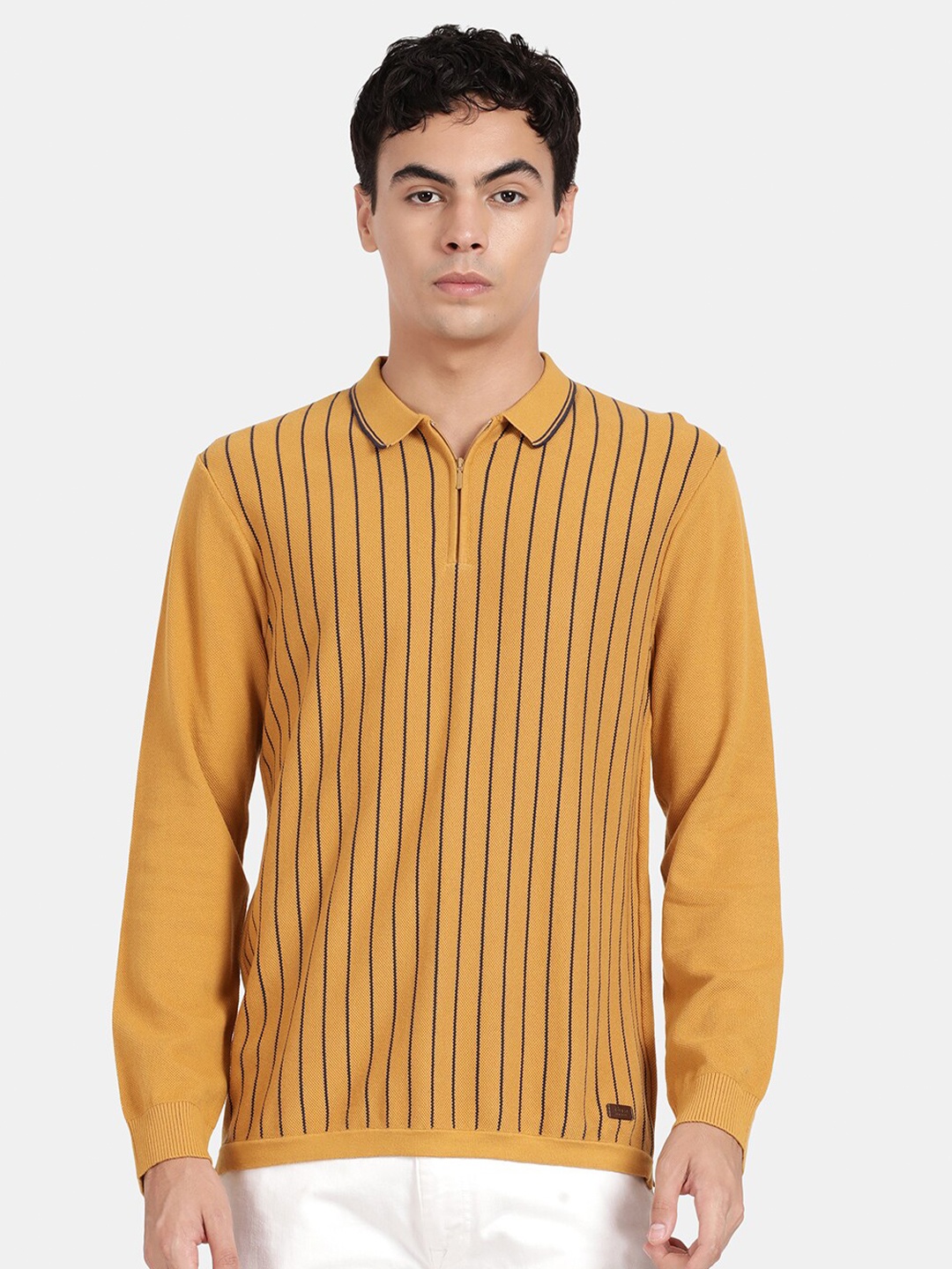 

t-base Striped Polo Collar Cotton T-Shirt, Mustard