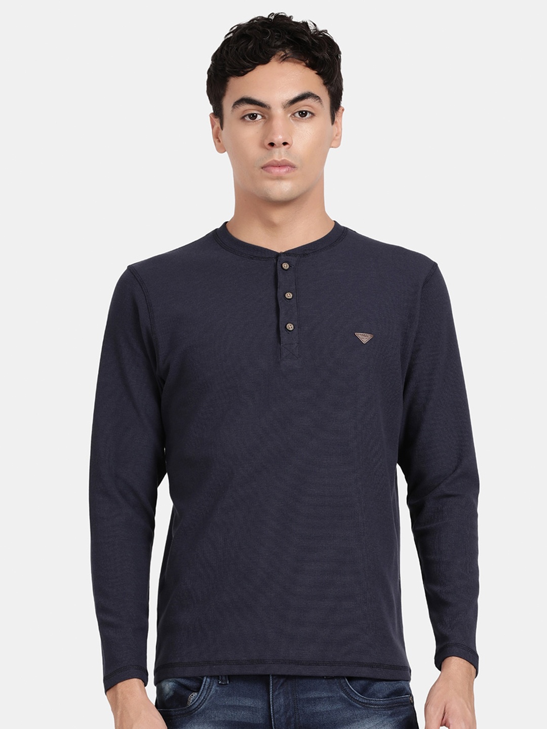 

t-base Henley Neck Long Sleeves Cotton T-Shirt, Navy blue