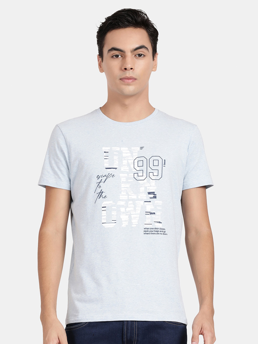 

t-base Typography Printed Cotton T-shirt, Blue