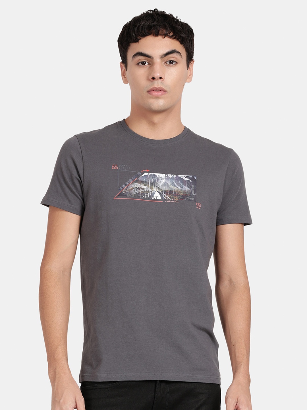 

t-base Printed Regular Fit Cotton T-shirt, Grey