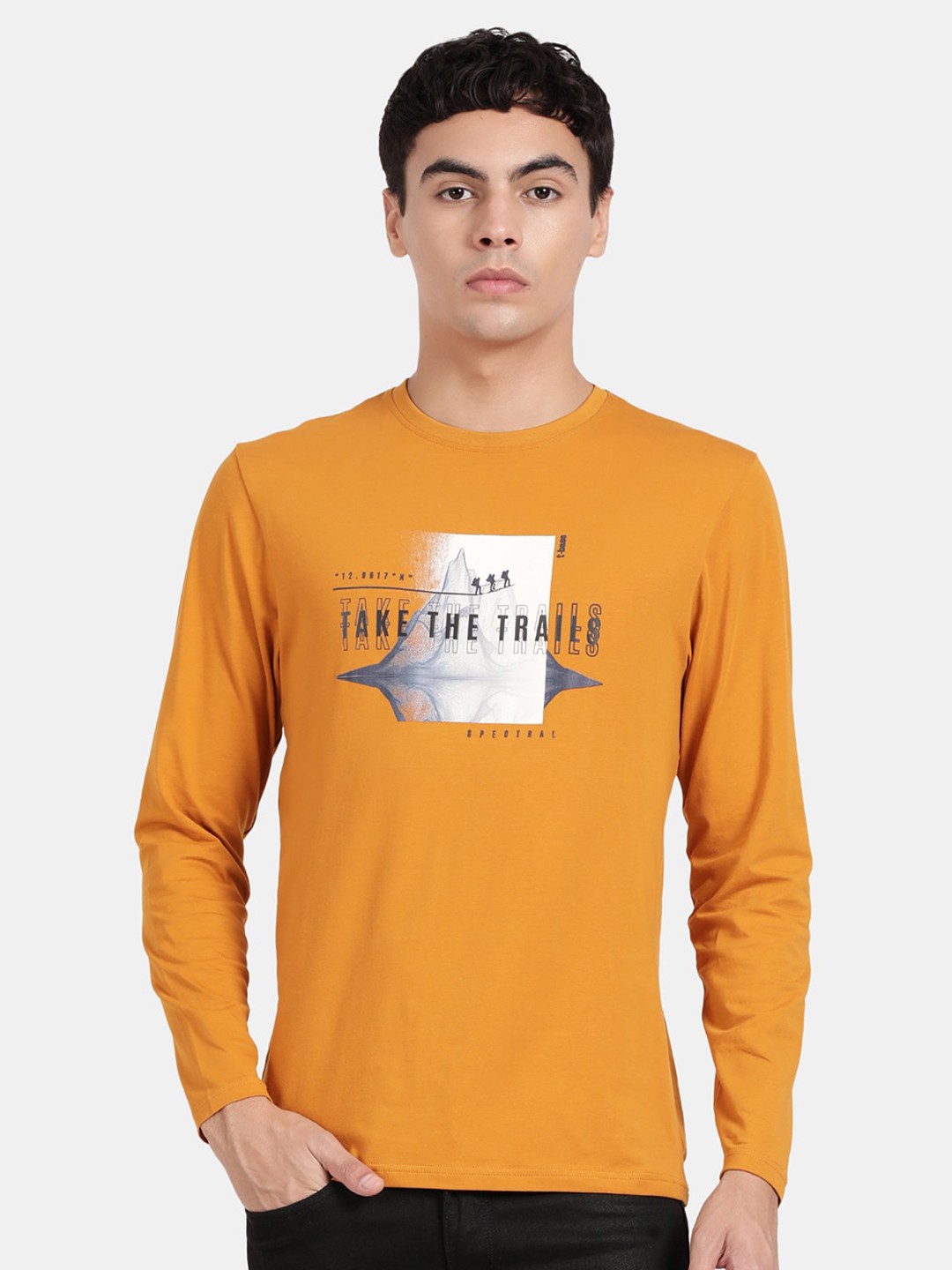 

t-base Typography Printed Regular Fit Cotton T-shirt, Yellow