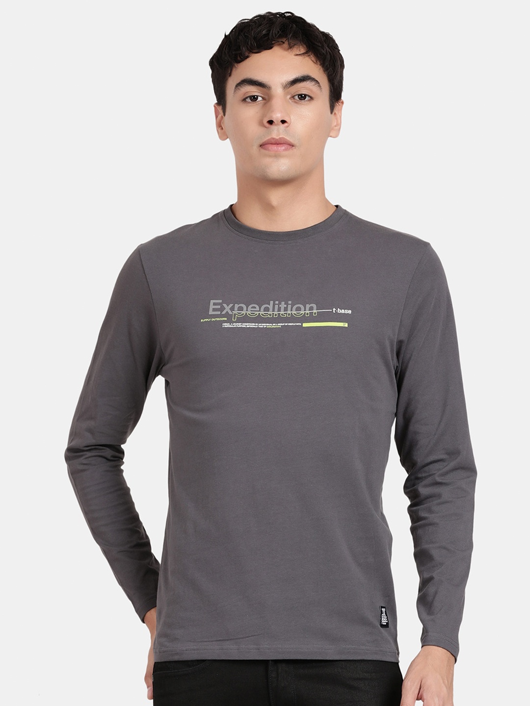 

t-base Typography Printed Regular Fit Cotton T-shirt, Grey