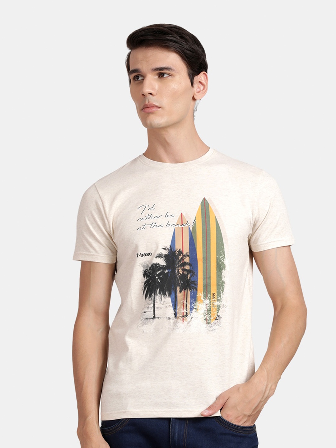 

t-base Tropical Printed Casual Cotton T-shirt, Cream