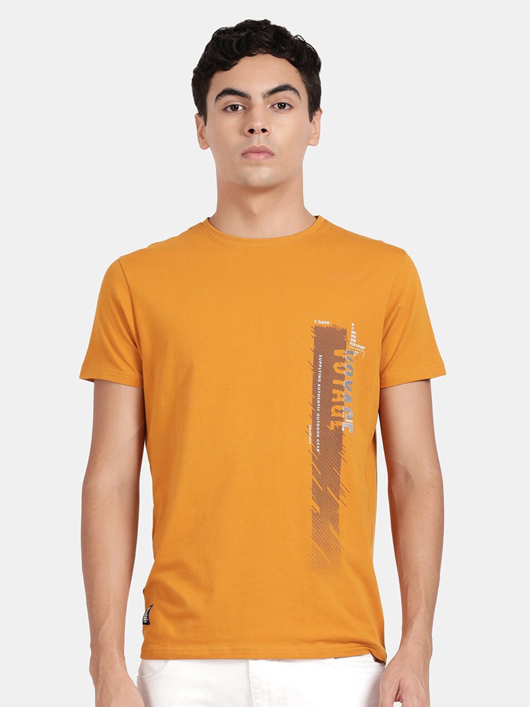 

t-base Typography Printed Cotton Casual T-shirt, Yellow