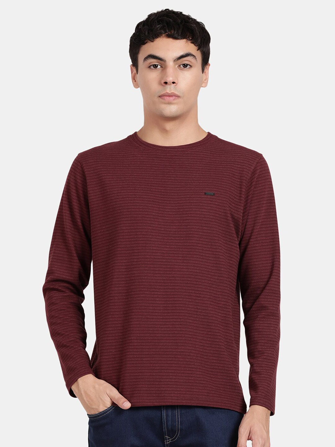 

t-base Men Striped Cotton Lycra T-shirt, Maroon