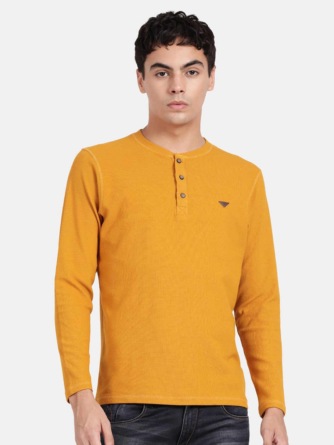 

t-base Men Cotton Lycra Henley Neck T-shirt, Yellow