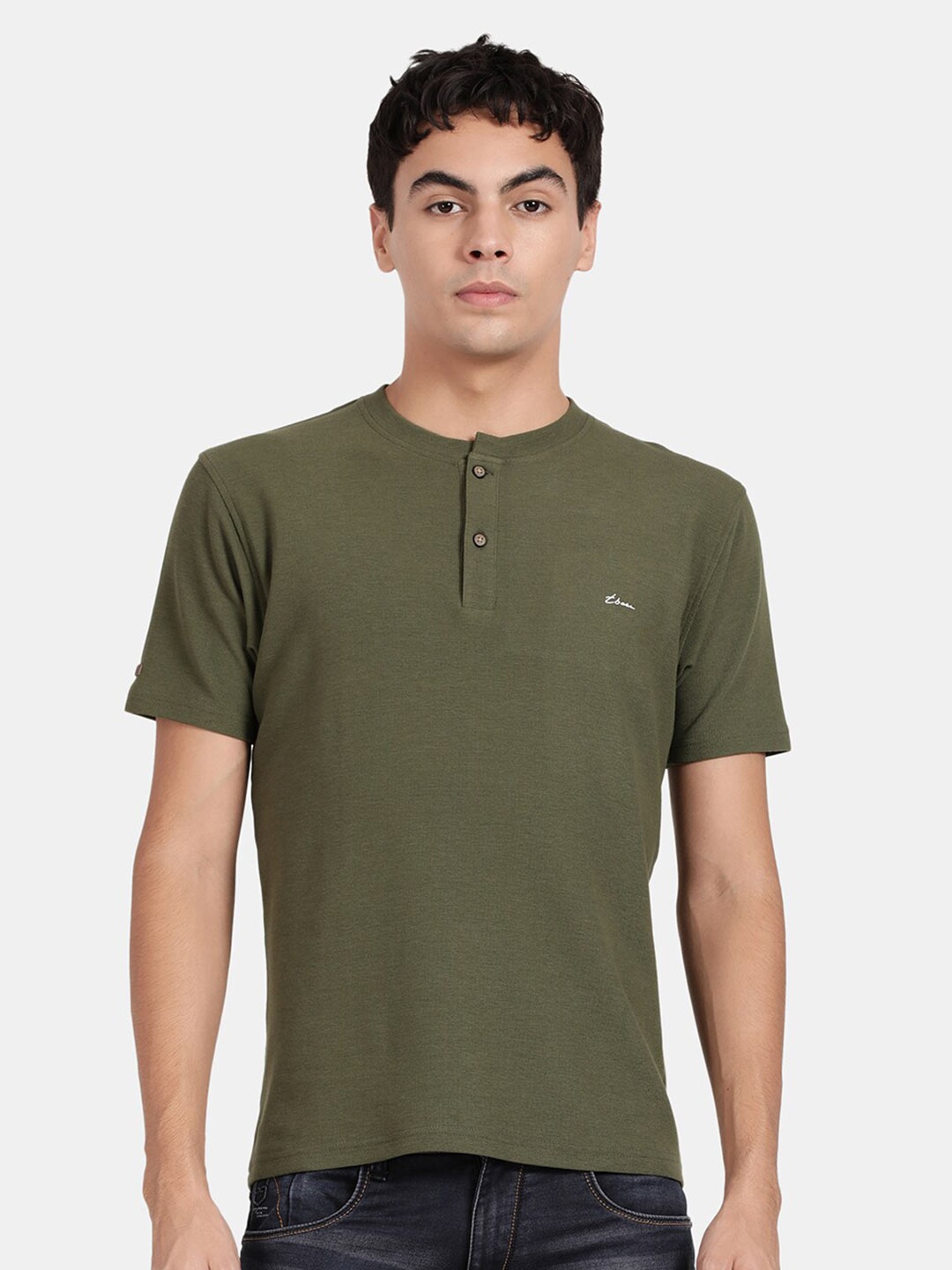 

t-base Henley Neck Cotton Lycra Knitted T-shirt, Green