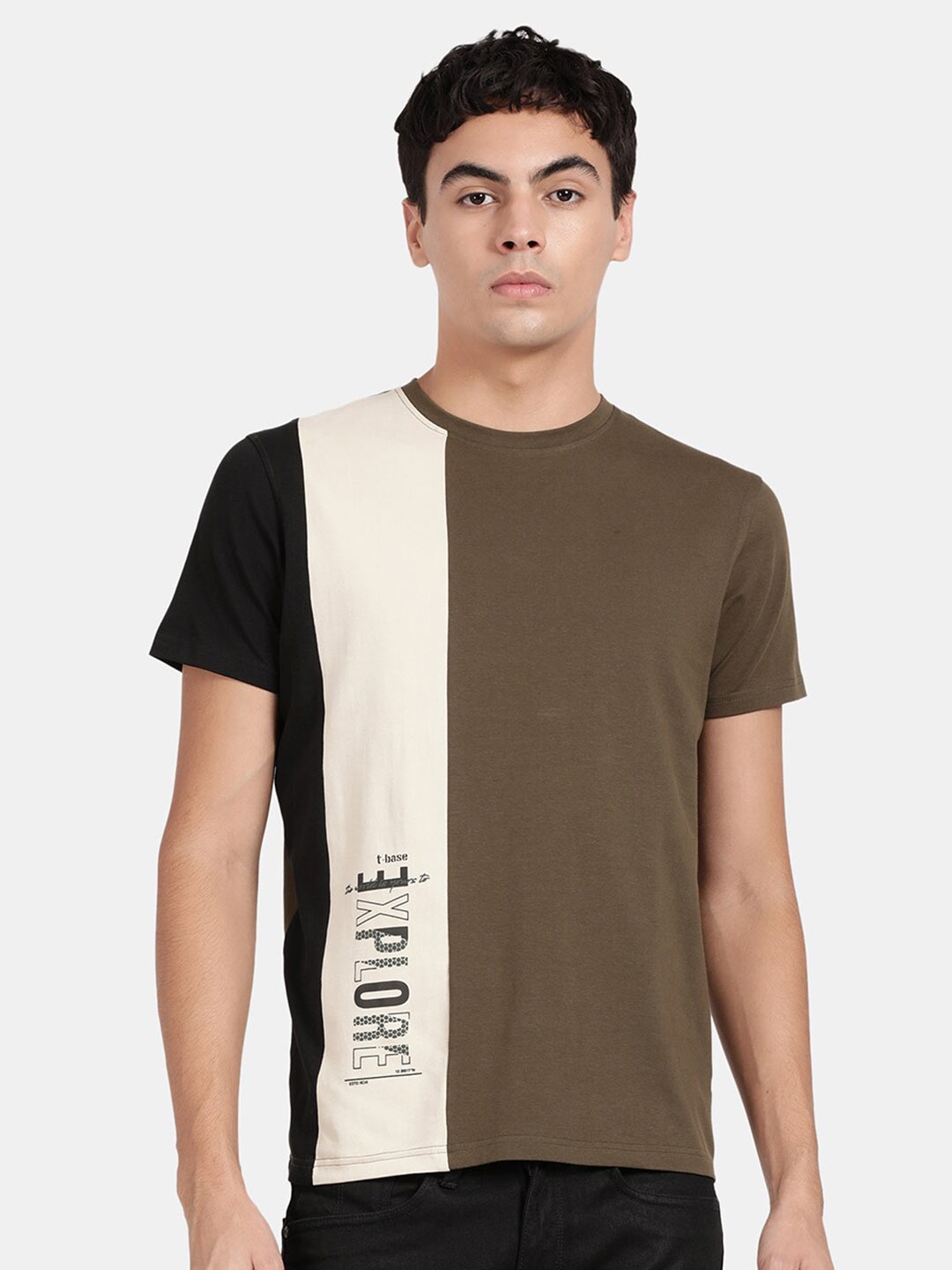 

t-base Colourblocked Cotton Lycra Knitted T-shirt, Green
