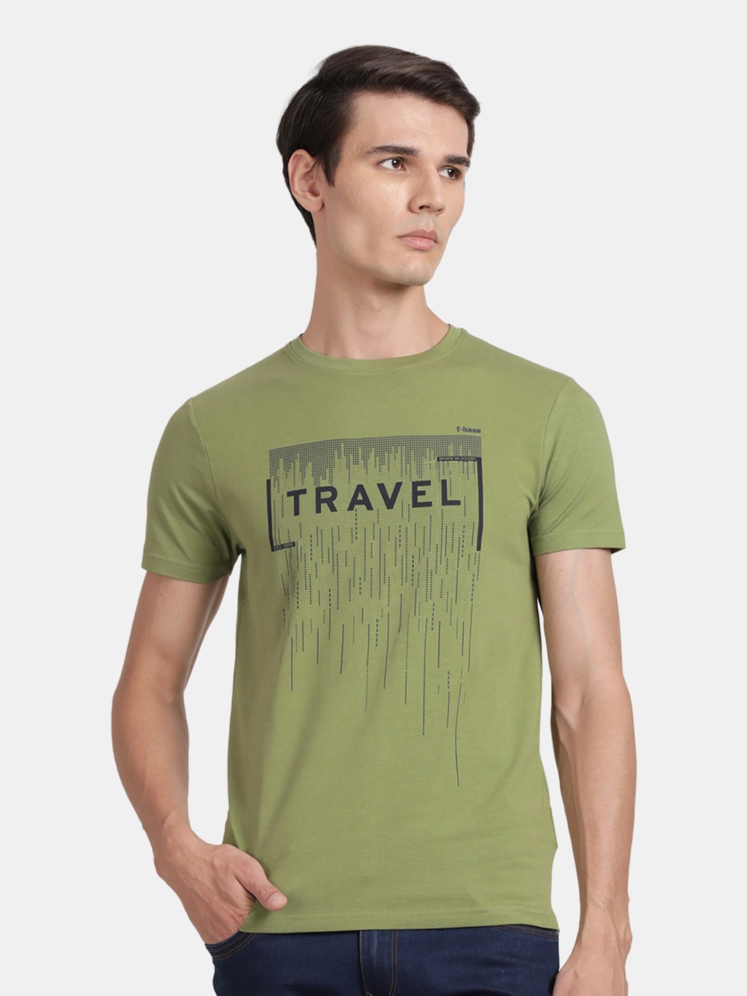 

t-base Typography Printed Cotton Lycra T-Shirt, Green
