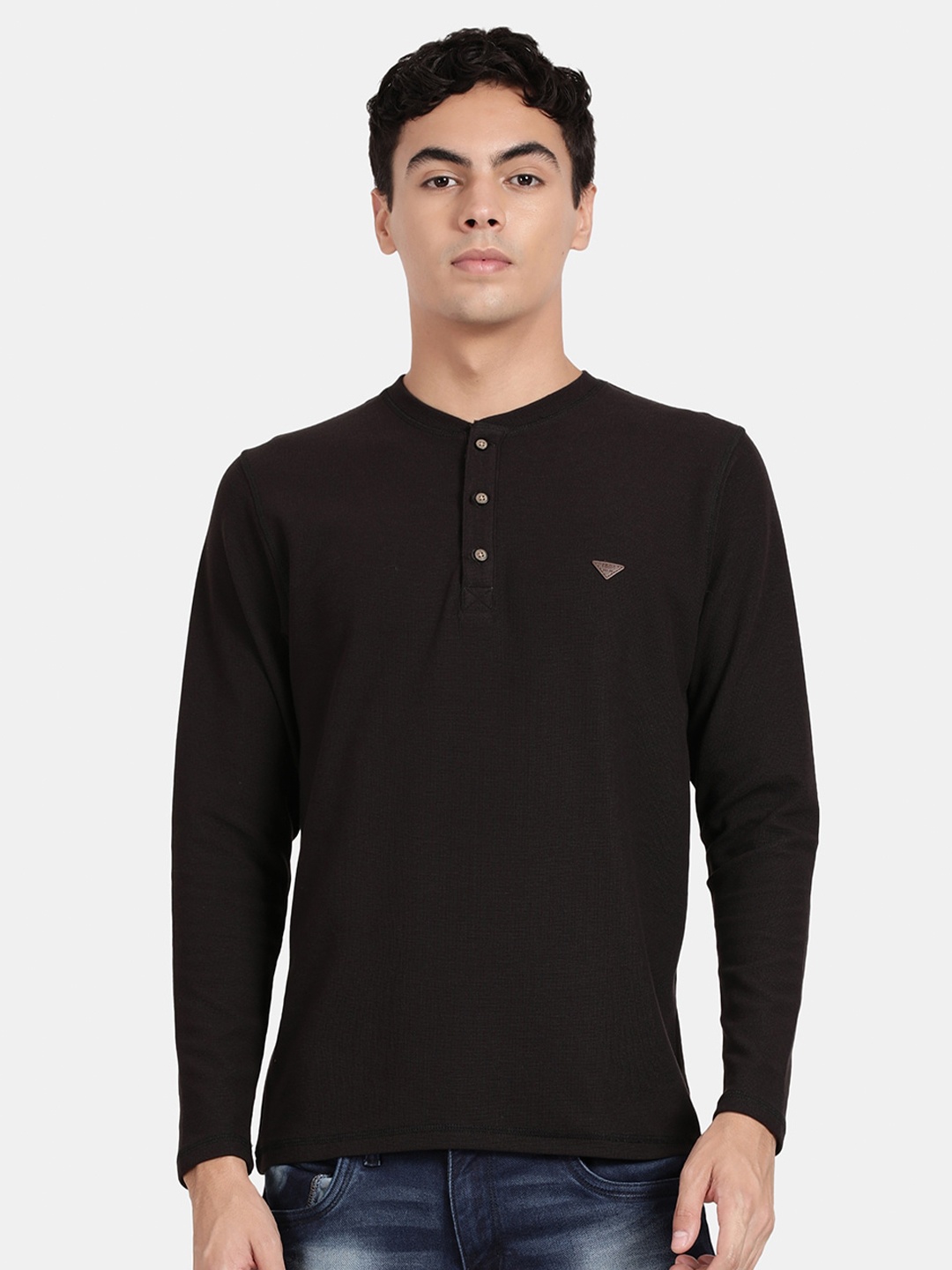 

t-base Henley Neck Long Sleeves Cotton T-shirt, Black