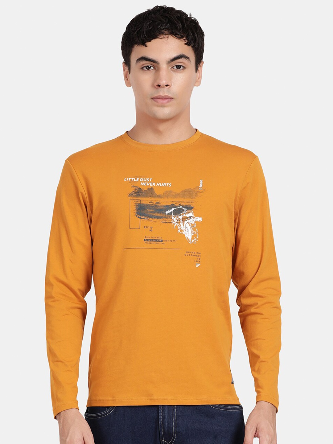 

t-base Graphic Printed Long Sleeves Cotton T-shirt, Mustard