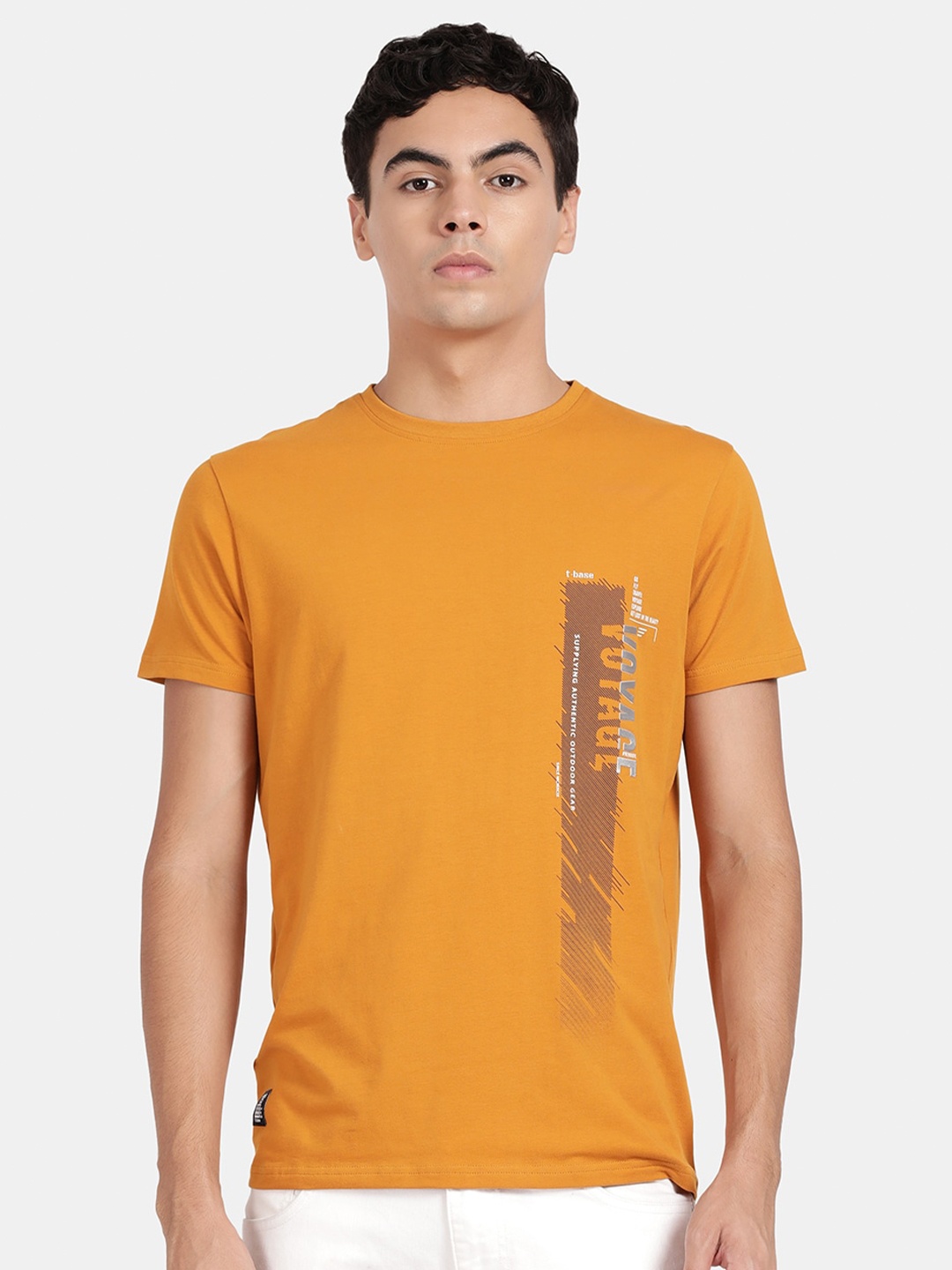 

t-base Typography Printed Cotton T-shirt, Mustard