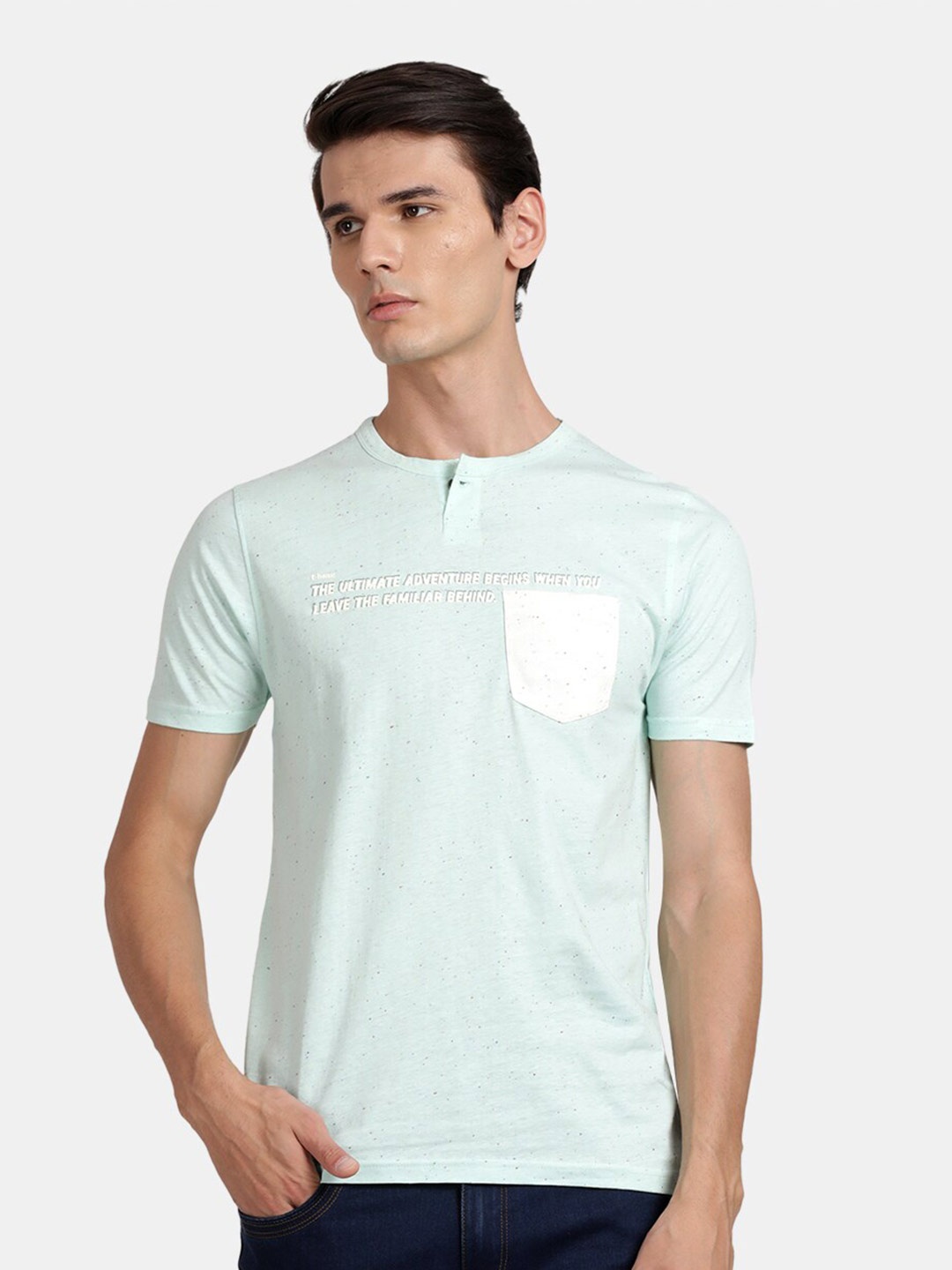 

t-base Men Printed Henley Neck Cotton T-shirt, Sea green