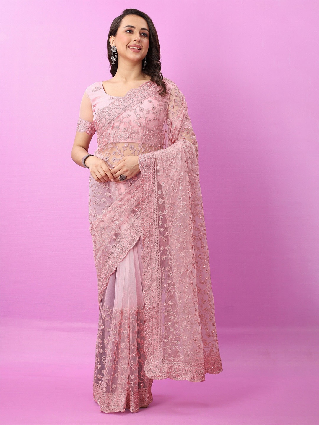 

JSItaliya Floral Embroidered Net Saree, Pink