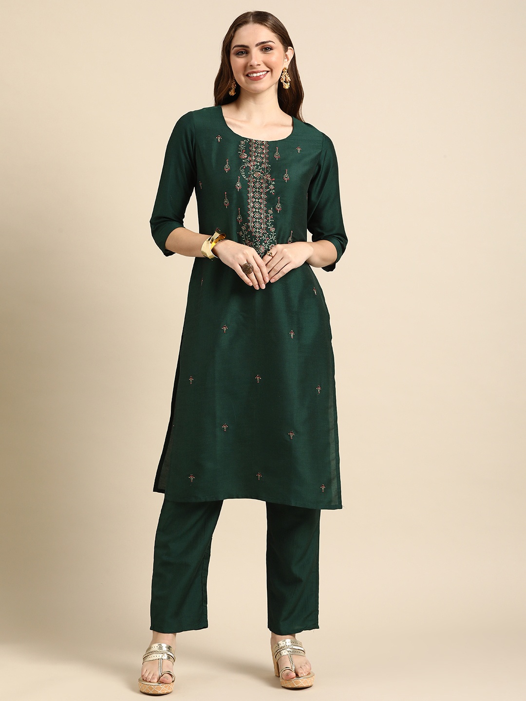 

Anouk Women Floral Embroidered Regular Kurta with Trousers, Green