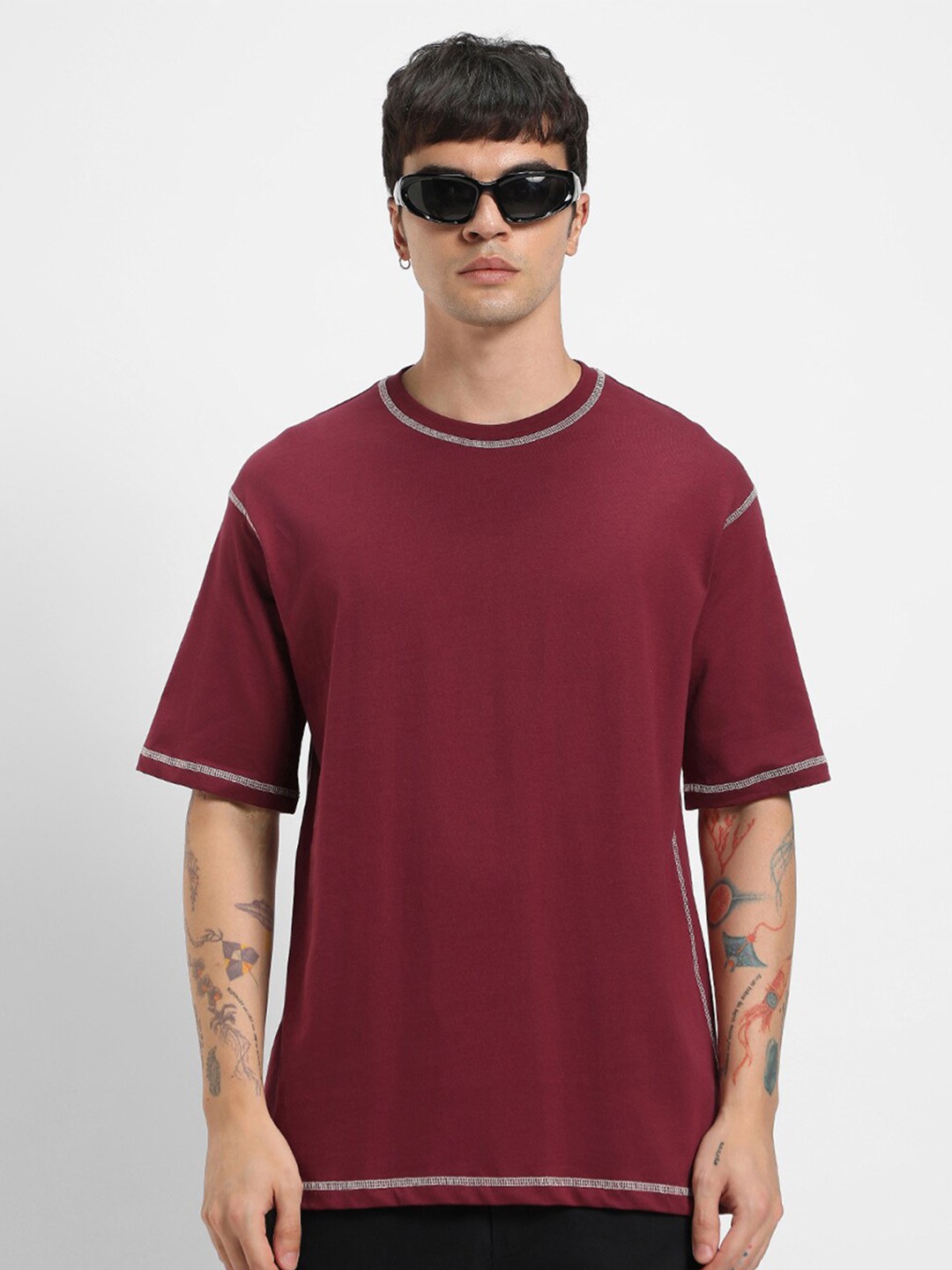 

Bewakoof Round Neck Cotton Oversized T-shirt, Maroon