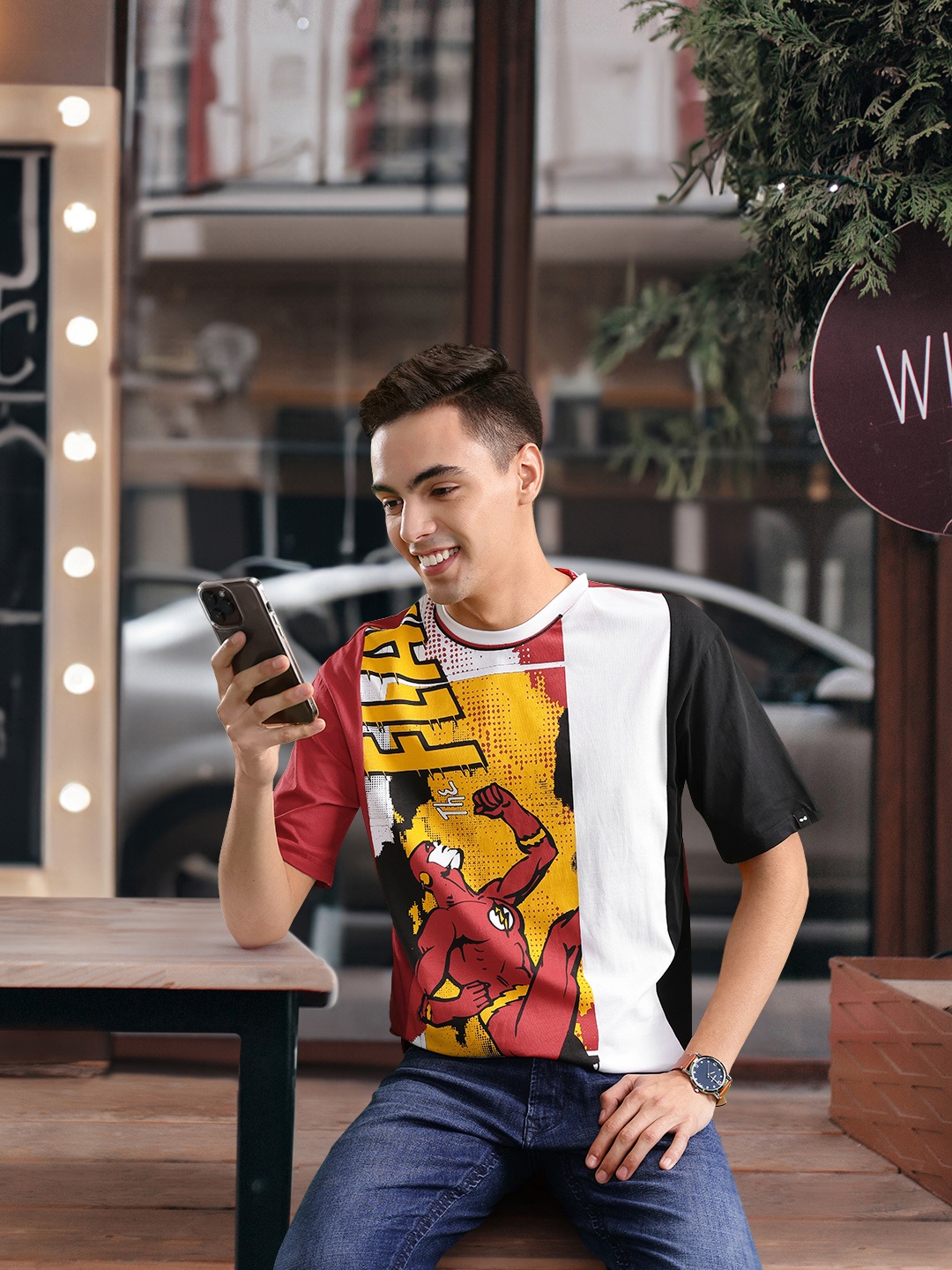 

Bewakoof Red Flash Printed Pure Cotton Oversized T-shirt