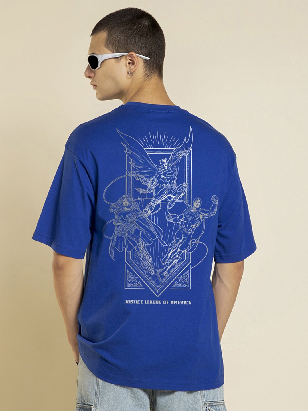 

Bewakoof Blue Justice League Graphic Printed Oversized T-shirt