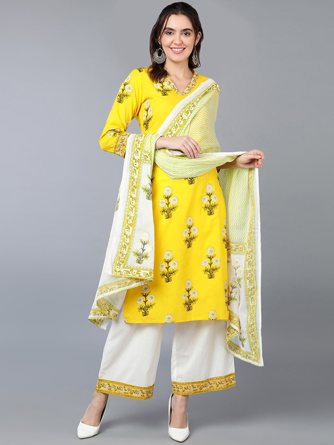 

AHIKA Yellow Floral Printed Pure Cotton Kurta & Palazzos With Dupatta