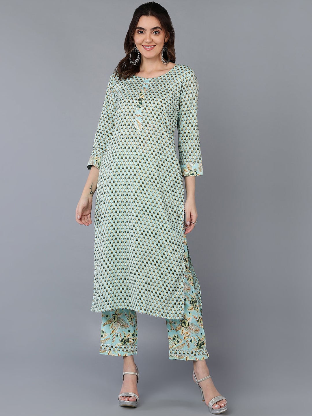 

AHIKA Ethnic Motifs Printed Pure Cotton Straight Kurta With Trousers, Sea green