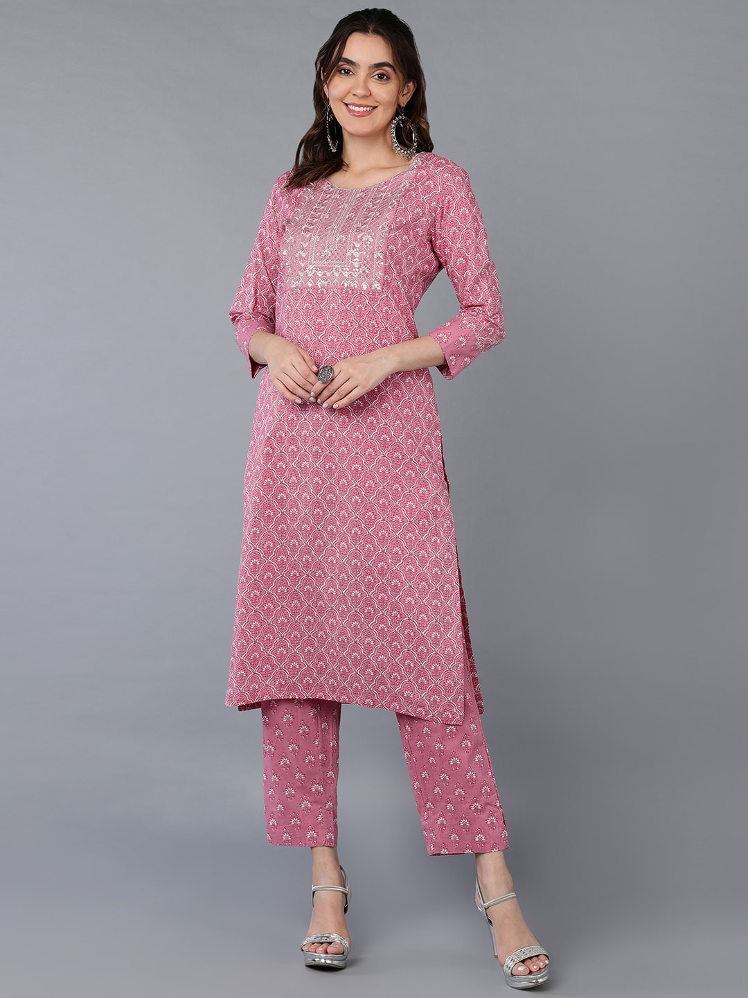 

AHIKA Yoke Design Ethnic Motifs Printed Sequinned Kurta with Trousers, Pink