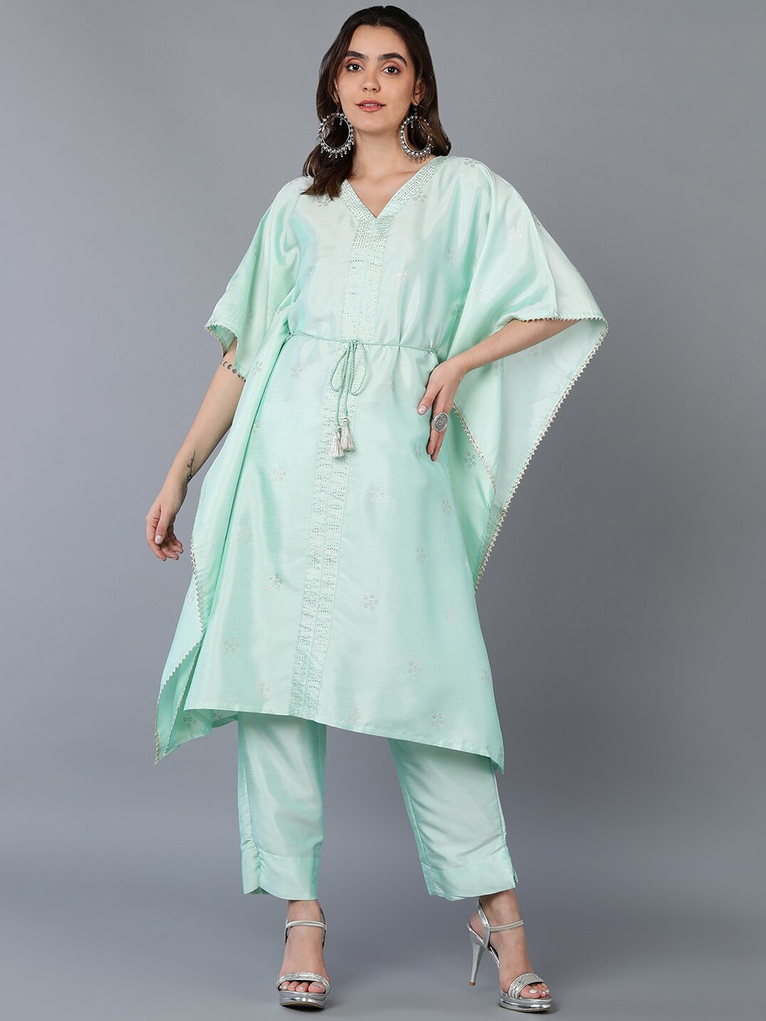 

AHIKA Turquoise Blue Floral Printed V-Neck Flared Sleeves Kaftan Kurta With Trousers