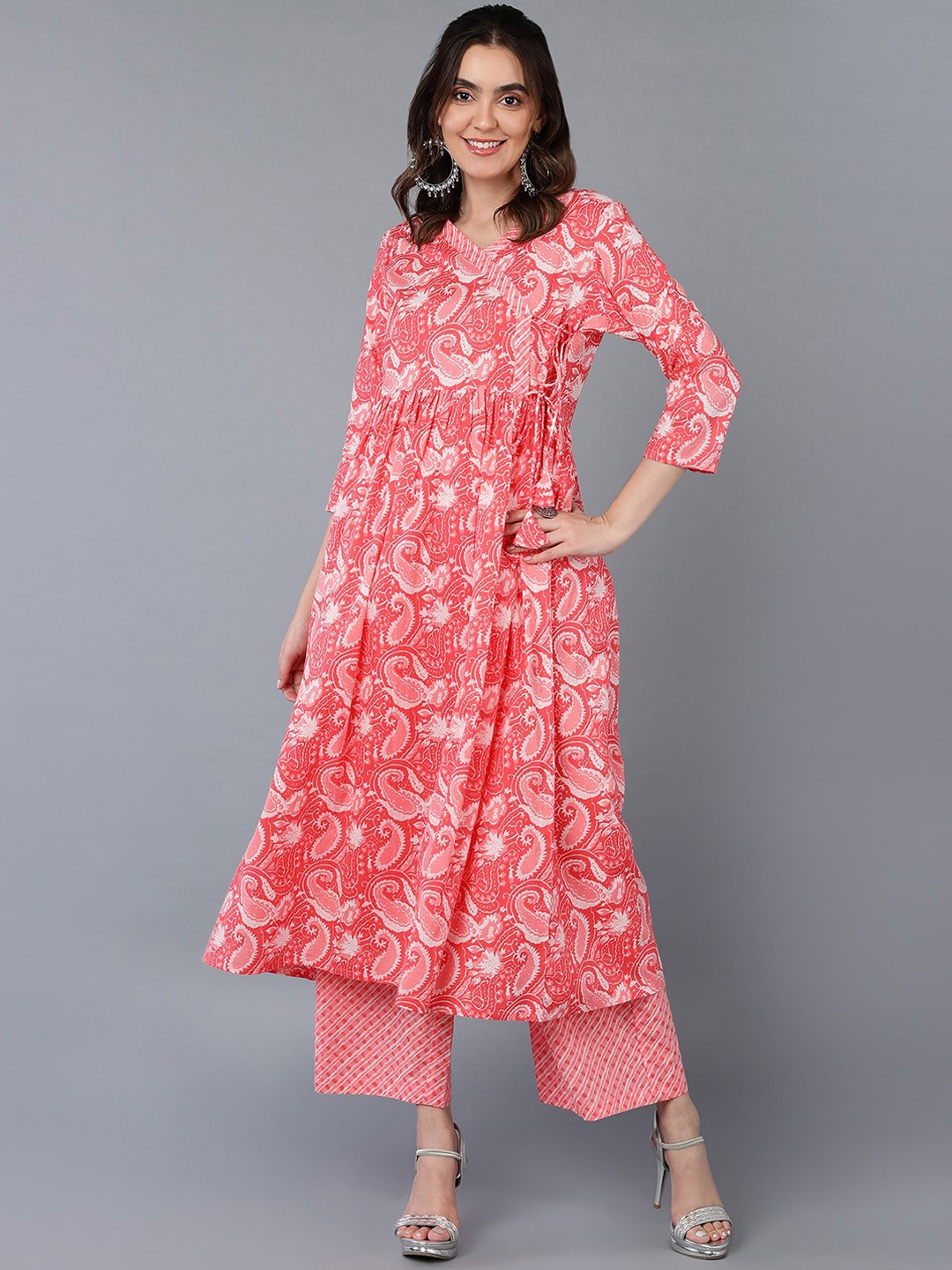 

AHIKA Pink Paisley Printed Angrakha Pure Cotton Kurta with Palazzos