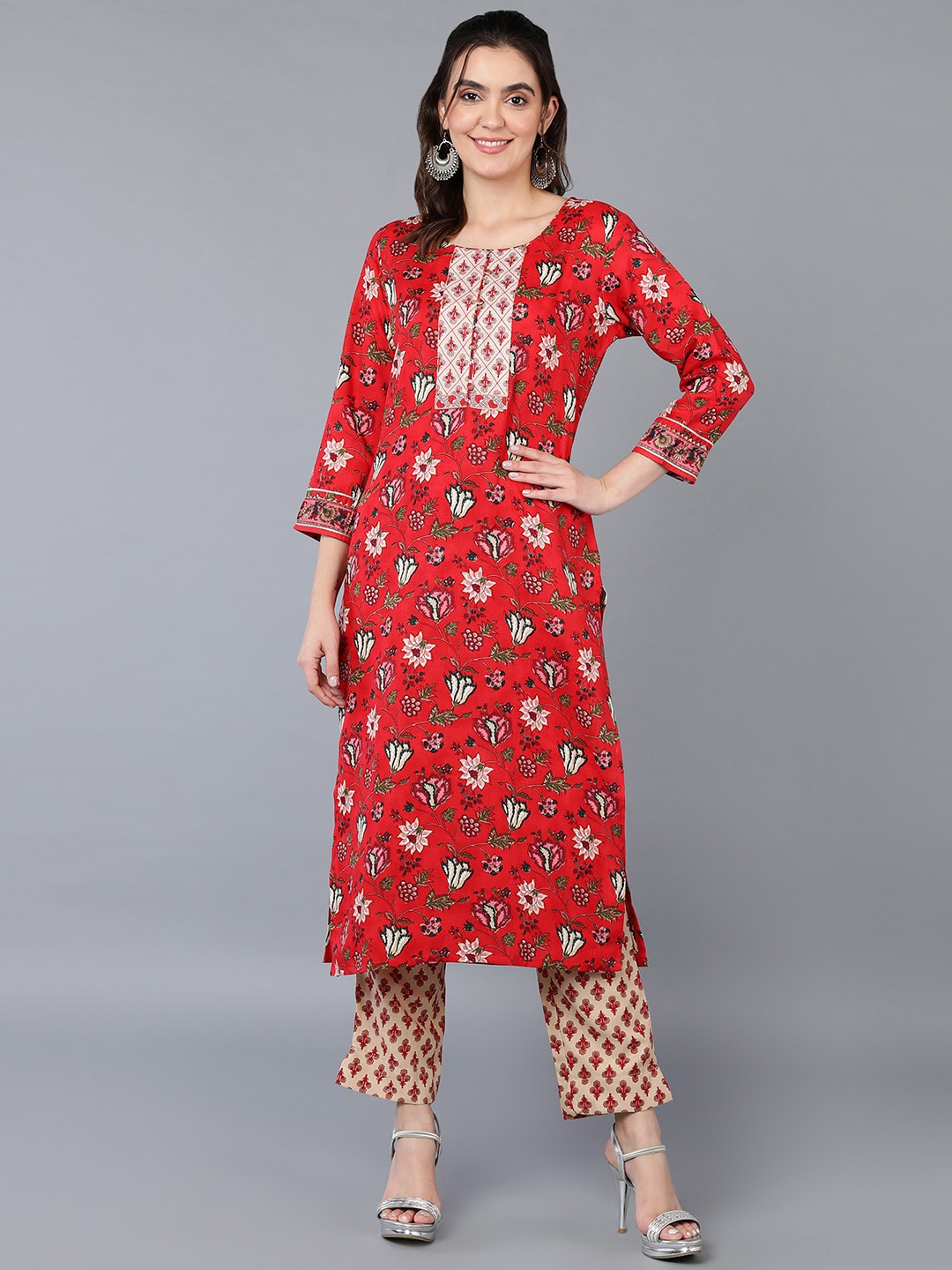 

AHIKA Red Floral Printed Regular Kurta with Trousers